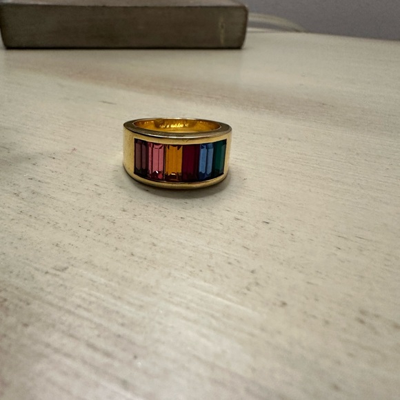 Rainbow Of Six Pave Crystals Channel Set Shiny Gold Tone Ring - Picture 3 of 5